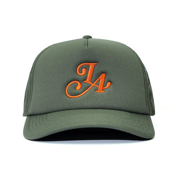 LA TRUCKER HAT - OLIVE/ORANGE